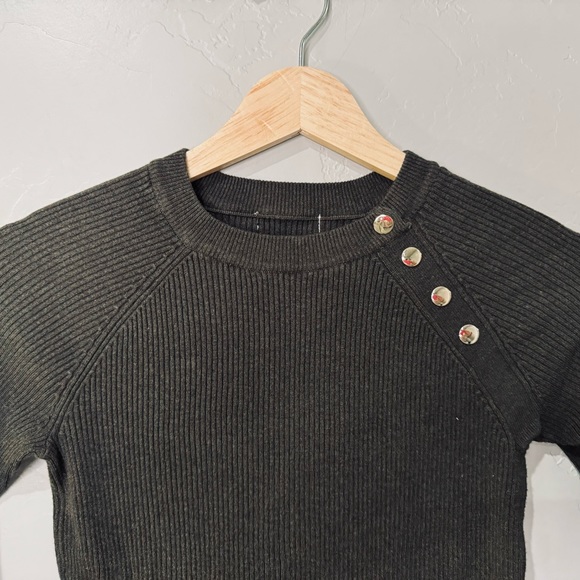 Ribbed Sweater Button-Trim Cotton-Blend Knit Long Sleeve Top Hunter green SZ XS - Picture 6 of 16